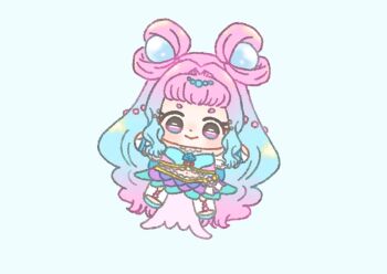 Rule 34 | 1girl, absurdly long hair, aqua sandals, aqua skirt, bag bow, bare shoulders, beads, blue background, blue bag, blue hair, blue tube top, bow, skirt bow, bracelet, brooch, chibi, circlet, closed mouth, collar, cure la mer, detached collar, dot nose, double bun, eyelash ornament, eyelashes, eyes visible through hair, frilled tube top, frills, gem, gradient hair, hair beads, hair bun, hair intakes, hair ornament, happy, ichigo usuhana, jewelry, laura la mer, leg warmers, light blush, long hair, looking at viewer, magical girl, miniskirt, multicolored hair, outstretched arms, pearl (gemstone), pearl hair ornament, pink eyes, pink hair, pink tube top, precure, purple skirt, sandals, scale print, shell brooch, sidelocks, simple background, skirt, smile, solo, strapless, tareme, tropical-rouge! precure, tube top, two-tone hair, two-tone skirt, two-tone tube top, very long hair, waist bag, white arm warmers, white bow, white collar, white leg warmers, yellow bow