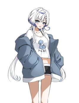 :d absurdres black_shorts blue_eyes blush braid character_name choppy_bangs clothes_writing commentary_request crop_top cropped_shirt feet_out_of_frame grey_hair grey_jacket gumikun12 hands_in_pockets hebi_(vtuber) highres indie_virtual_youtuber jacket jellyfish_cut korean_commentary long_hair long_sleeves looking_at_viewer multicolored_hair navel open_clothes open_jacket open_mouth print_shirt shirt short_shorts shorts simple_background smile standing streaked_hair swimsuit unzipped white_background white_shirt