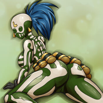 1girl ass blue_hair bodysuit breasts cameltoe cosplay costume_switch female_focus from_behind gloves huge_ass huge_breasts kyunamaori large_breasts latex leather leona_heidern long_hair looking_at_viewer looking_back lying on_stomach ponytail pussy shiny_clothes skin_tight skullomania_(cosplay) the_king_of_fighters thick_thighs thighs tight_clothes top-down_bottom-up