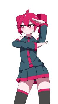 1girl ahoge animated ankha_zone_(meme) atena_fumei audible_music audible_speech averting_eyes bare_shoulders blush breasts bright_pupils character_age collared_shirt contrapposto cowboy_shot dancing detached_sleeves drill_hair highres kasane_teto kasane_teto_(utau) letter_pose long_sleeves meme pleated_skirt red_eyes red_hair shirt simple_background skirt sleeveless sleeveless_shirt small_breasts solo sound swaying_hip tagme thighhighs twin_drills utau video vignetting we_like_to_party! white_background white_pupils zettai_ryouiki