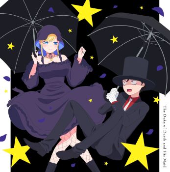 1boy 1girl absurdres alice_lendrott anime_coloring black_dress black_hat black_jacket black_nails black_pants black_shoes black_suit black_umbrella black_veil blonde_hair blue_eyes bocchan_(shinigami_bocchan_to_kuro_maid) breasts choker closed_mouth collared_shirt commentary_request copyright_name dress fishnet_thighhighs fishnets formal_clothes gloves hat highres holding holding_umbrella jacket jewelry large_breasts locket long_sleeves looking_at_another necklace necktie official_art open_mouth pants pendant red_eyes red_shirt ribbon_choker shinigami_bocchan_to_kuro_maid shirt shoes sidelocks smile star_(symbol) star_symbol_background suit suit_jacket swept_bangs thighhighs top_hat umbrella veil white_gloves white_necktie