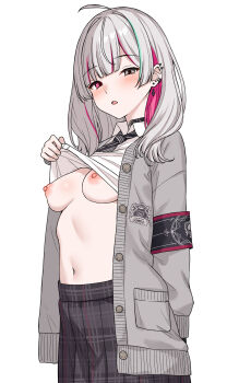 1girl absurdres ahoge armband black_armband black_necktie blush breasts breasts_out cardigan clothes_lift commentary_request earrings furuno_(furuno132nw) green_eyes grey_cardigan grey_hair heterochromia highres ishigami_nozomi ishigami_nozomi_(school_uniform) jewelry looking_at_viewer medium_breasts multicolored_hair multiple_earrings navel necktie nijisanji nipples open_mouth pink_eyes pink_hair plaid_clothes plaid_skirt pleated_skirt school_uniform shirt_lift simple_background skirt solo streaked_hair textless_version virtual_youtuber white_background