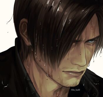 black_shirt blue_eyes brown_hair che_sue00 commentary english_commentary facial_hair goatee hair_over_one_eye highres leon_s._kennedy lips looking_at_viewer one_eye_covered parted_hair portrait resident_evil shirt short_hair simple_background twitter_username wet wet_hair white_background
