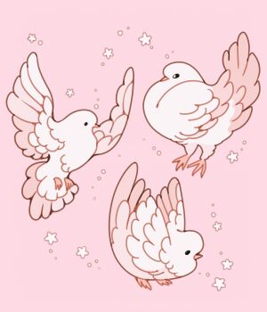 alt_text animal_focus bird black_eyes commentary dove english_commentary feathers flying full_body highres looking_at_object meyoco monochrome no_humans original pastel_colors pigeon pink_background pink_theme simple_background solid_eyes squatting standing star_(symbol) white_bird white_feathers wings
