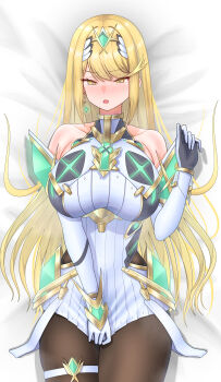 1girl absurdres bare_shoulders black_pantyhose blonde_hair breasts chest_jewel clothing_cutout commentary_request core_crystal_(xenoblade) cowboy_shot dress dress_tug highres large_breasts long_hair lying meipasuye microdress mythra_(massive_melee)_(xenoblade) mythra_(xenoblade) on_back on_bed pantyhose solo tiara white_dress xenoblade_chronicles_(series) xenoblade_chronicles_2 yellow_eyes