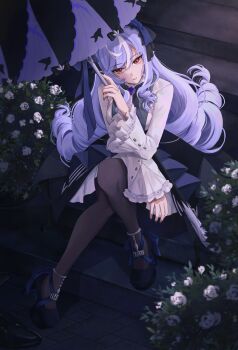 1girl black_nails black_pantyhose black_shoes black_skirt breasts bush commentary dress english_commentary flower full_body high_heels highres holding holding_umbrella large_breasts laubun long_hair long_sleeves looking_at_viewer nail_polish overskirt pantyhose parasol parted_lips purple_hair purple_umbrella red_eyes shoes sitting skirt solo umbrella vivian_banshee white_dress white_flower zenless_zone_zero