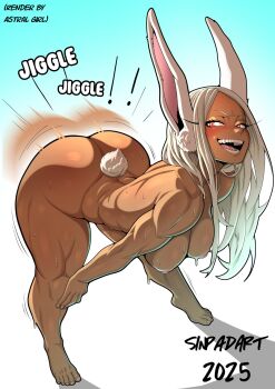 ! !! >:) 1girl 2025 animal_ears artist_collaboration artist_name ass ass_shake barefoot bent_over boku_no_hero_academia breasts commentary completely_nude dark-skinned_female dark_skin english_commentary english_text feet full_body hand_on_own_knee hanging_breasts highres large_breasts long_eyelashes long_hair looking_at_viewer mirko motion_blur motion_lines nipples nude open_mouth parted_bangs rabbit_ears rabbit_girl rabbit_tail red_eyes second-party_source shadow sinpadart smile solo sound_effects sweat tail teeth thick_thighs thighs toenails toes toned toned_female twerking two-tone_background v-shaped_eyebrows white_hair