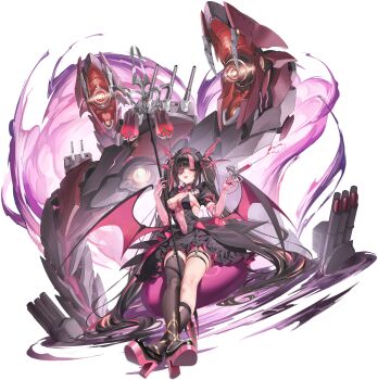 1girl asymmetrical_legwear azur_lane bat_wings black_dress black_hair black_hat black_socks black_thighhighs breasts covered_navel dress elbow_gloves eyepatch full_body game_asset garter_straps gloves hair_ornament hat heart heart_eyepatch high_heels highres holding holding_staff holding_syringe id_card iron_blood_(emblem) long_hair looking_at_viewer medium_breasts mismatched_legwear multicolored_hair non-web_source official_art pink_eyes pink_gloves pink_shoes pink_streaks prinz_moritz_(azur_lane) shoes single_sock single_thighhigh socks solo staff streaked_hair syringe thigh_strap thighhighs tongue tongue_out transparent_background twintails very_long_hair wing_hair_ornament wings