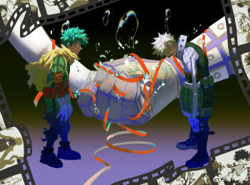 2boys absurdres aged_down air_bubble apologizing arms_at_sides backpack bag baggy_pants bags_under_eyes bakugou_katsuki bandaged_arm bandages belt_pouch black_background black_pants black_tank_top blonde_hair blue_hair bodysuit boku_no_hero_academia boots bubble cape closed_mouth colored_skin combat_boots covered_eyes crying crying_with_eyes_open detached_sleeves empty_eyes explosive eye_contact film_grain film_reel film_strip freckles from_side gloves gradient_background green_bodysuit green_eyes green_hair grenade hand_up head_down hiding highres holding_hands knee_boots knee_pads leaning_forward looking_at_another male_focus midoriya_izuku multicolored_hair multiple_boys official_alternate_costume open_hand open_mouth outstretched_arm pants pouch profile purple_background reaching red_ribbon ribbon scratches screentones shadow short_hair short_sleeves skull_print sleeveless slouching spiked_hair spoilers standing streaked_hair surprised tank_top tears teeth torn_cape torn_clothes torn_gloves torn_sleeve two-sided_ribbon upper_teeth_only watermark weibo_watermark white_skin wide-eyed wiping_nose wrist_guards yellow_bag ykkiyo