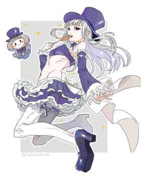 candy capcom_fighting_jam commentary_request crop_top detached_sleeves eating food frilled_skirt frills hat high_heels highres ingrid_(capcom) lollipop midnight_bliss miniskirt monoid_(street_fighter) navel purple_hat purple_shoes red_eyes shoes skirt smile stomach street_fighter street_fighter_6 swirl_lollipop thighhighs top_hat white_hair white_thighhighs yasuda_kousuke