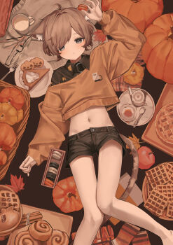 1boy absurdres ahoge animal_ear_fluff animal_ears autumn autumn_leaves black_eyes black_shirt black_shorts blush brown_hair cat_boy cat_ears cat_tail cinnamon_roll collared_shirt commentary_request crop_top cropped_sweater cup food glasses highres holding holding_food kettle leaf leaf_print long_sleeves looking_at_viewer lying macaron male_focus midriff milk mug navel on_back orange_sweater original parted_lips pie pumpkin pumpkin_pie shirt short_hair shorts solo spoon susukawa_(susucawa) sweater tail tea teacup waffle