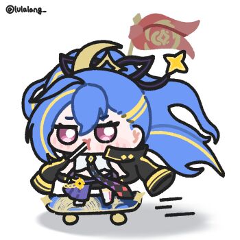 1girl black_jacket black_necktie blonde_streaks blue_hair candy chibi chibi_only commentary double-parted_bangs english_commentary food full_body hair_between_eyes highres jacket lollipop lollipop_in_mouth long_hair looking_at_viewer lulalang minova_(stella_sora) mouth_hold multicolored_hair multicolored_necktie necktie open_clothes open_jacket pink_eyes shirt simple_background skateboard skateboarding solo stella_sora streaked_hair white_background white_shirt