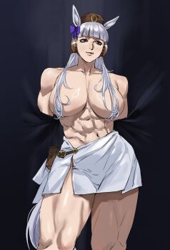 1girl abs absurdres animal_ears belt black_background blunt_bangs bow breasts brown_belt brown_hat closed_mouth collarbone commentary cowboy_shot ear_bow gold_ship_(umamusume) grey_hair hair_over_breasts hat head_tilt highres horse_ears horse_girl large_breasts long_hair muscular muscular_female navel pillbox_hat purple_bow purple_eyes solo taiyang_yu topless_female towel towel_around_waist umamusume