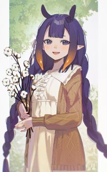 Rule 34 | 1girl, :d, absurdres, ani 019, blunt bangs, braid, brown cardigan, cable knit, cardigan, center-flap bangs, collared dress, commentary, cowboy shot, dress, fang, flower, frilled shirt collar, frills, gradient hair, highres, holding, holding flower, hololive, hololive english, letterboxed, long hair, looking at viewer, low twin braids, mole, mole under eye, multicolored hair, ninomae ina'nis, official alternate costume, open mouth, orange hair, pointy ears, purple eyes, purple hair, sidelocks, smile, solo, teeth, tentacle hair, twin braids, untranslatable commentary, upper teeth only, very long hair, virtual youtuber, white dress