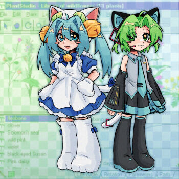 2000s_(style) 2girls :3 animal_ears animal_hat apron aqua_eyes aqua_hair bare_shoulders bell blush_stickers bow cat_ears cat_girl cat_hat cat_tail commentary cosplay costume_switch crossover dejiko dejiko_(cosplay) detached_sleeves di_gi_charat dress faux_retro_artstyle green_eyes green_hair hair_bell hair_between_eyes hair_ornament hat hatsune_miku hatsune_miku_(cosplay) highres jingle_bell long_hair looking_at_viewer maid microsoft_windows mittens multiple_girls neck_bell necktie open_mouth parted_bangs paw_shoes shirt short_hair short_sleeves skirt sleeveless smile solo tail tail_bow tail_ornament thighhighs twintails very_long_hair vocaloid watermark white_apron white_mittens window_(computing) windows_classic zimternet