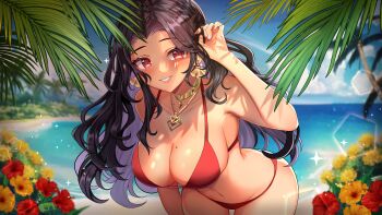 1girl absurdres artist_request beach bikini black_hair breasts cleavage cloud collarbone colored_inner_hair earrings flower gold_earrings gold_necklace grey_hair highres incredibly_absurdres jewelry leaning_forward lips mole mole_on_breast mole_under_eye multicolored_hair multicolored_nails multiple_moles navel necklace nijisanji nijisanji_en ocean palm_tree red_bikini red_eyes red_flower red_nails scarle_yonaguni shadow sky smile solo swimsuit tree two-tone_nails virtual_youtuber white_nails yellow_flower