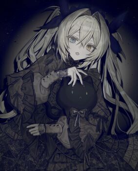 Rule 34 | 1girl, absurdres, black bow, black dress, black nails, blue eyes, bow, colored skin, commentary request, cowboy shot, dress, fangs, frilled dress, frills, gothic lolita, gown, grey hair, hair between eyes, hair bow, hair intakes, hand up, heterochromia, highres, hinomiya shou, holding, holding stuffed toy, hugging object, juliet sleeves, lace-trimmed sleeves, lace trim, lolita fashion, long hair, long sleeves, looking at viewer, open mouth, original, puffy sleeves, sleeves past wrists, solo, stuffed animal, stuffed toy, twintails, vignetting, white skin