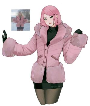 1girl alternate_costume artist_name black_gloves black_shirt black_skirt black_thighhighs bob_cut boruto:_naruto_next_generations buttons closed_mouth commentary cosplay cropped_legs facial_mark film_grain forehead_mark fur-trimmed_jacket fur-trimmed_sleeves fur_trim gloves green_eyes hair_ornament hairclip haruno_sakura head_tilt highres hood hooded_jacket jacket light_smile lipgloss looking_at_viewer naruto_(series) pencil_skirt photo-referenced photo_inset pink_hair pink_jacket reference_inset sabrina_carpenter sabrina_carpenter_(cosplay) shirt skirt swept_bangs untranslatable_commentary tenartistt thighhighs turtleneck w_arms watermark white_background