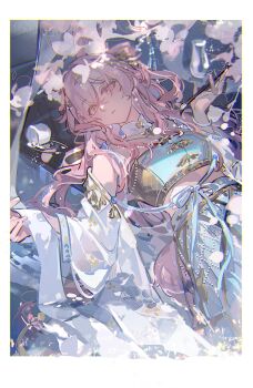 absurdres alcohol animal_ears arknights bandeau blue_bandeau blue_ribbon breasts calligraphy_brush choko_(cup) collar cross-laced_clothes cross-laced_skirt cup flower grey_bandeau hezi highres holding holding_calligraphy_brush holding_paintbrush jade_(gemstone) jade_bracelet long_hair lying medium_breasts mento on_back paintbrush pearl_hair_ornament pink_eyes pink_hair pink_tail pozyomka_(arknights) pozyomka_(beside_dreams)_(arknights) ribbon sake shrug_(clothing) skirt spill tassel tokkuri white_collar white_ribbon white_shrug wolf_ears wolf_girl