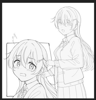 Rule 34 | 1girl, :d, blush, breasts, cardigan, flying sweatdrops, greyscale, hair ornament, hairclip, highres, jacket, konoe kanata, large breasts, looking at viewer, love live!, love live! nijigasaki high school idol club, monochrome, multiple views, neck ribbon, nijigasaki school uniform, open clothes, open jacket, open mouth, pleated skirt, ribbon, school uniform, simple background, skirt, smile, tata (tataice), white background