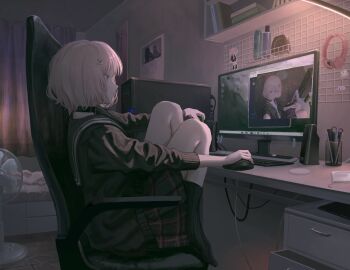 1girl absurdres ankle_socks black_choker black_serafuku black_socks black_sweater blonde_hair bob_cut calendar_(object) can chair choker computer computer_mouse computer_tower curtains energy_drink expressionless fingernails from_side full_body hair_ornament highres holding holding_can indoors knees_up kyano_(kyanora3141) long_sleeves monitor no_shoes office_chair original plaid_clothes plaid_skirt profile purple_eyes rabbit_hair_ornament red_nails revision ribbed_socks school_uniform serafuku short_hair sitting skirt slice_of_life socks solo sweater swivel_chair