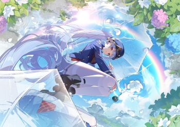 1girl black_boots blue_flower blue_hair blue_hat blue_jacket blue_skirt boots female_pov flower freesia_(flower) freesia_(stella_sora) game_cg hair_flower hair_ornament hat highres holding holding_umbrella hydrangea jacket long_hair looking_at_viewer miniskirt non-web_source official_art pantyhose pink_flower pleated_skirt pov puddle red_eyes reflection reflection_focus reflective_water side_ponytail sidelocks skirt solo squatting stella_sora transparent transparent_umbrella umbrella very_long_hair white_flower white_pantyhose