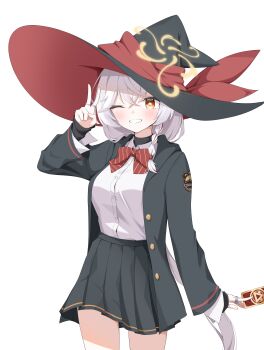 1girl absurdres black_jacket black_skirt blue_archive blush bow breasts card collared_shirt commentary diagonal-striped_bow diagonal-striped_clothes eri_(blue_archive) hair_between_eyes halo hat hat_ribbon highres holding holding_card jacket jewelry large_breasts long_hair long_sleeves looking_at_viewer multiple_rings nether_nt one_eye_closed orange_trim pleated_skirt red_eyes red_ribbon ribbon ring shirt simple_background skirt smile solo striped_bow striped_clothes tilted_halo upper_body v white_background white_shirt witch_hat yellow_halo