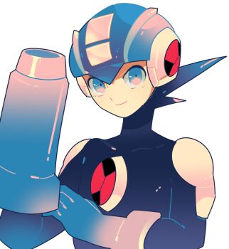 Rule 34 | 1boy, arm cannon, black bodysuit, black hair, blue eyes, blue gloves, blue helmet, bodysuit, closed mouth, commentary, gloves, helmet, looking at viewer, mega man (series), mega man battle network (series), megaman.exe, short hair, smile, solo, spiked hair, weapon, white background, yasaikakiage