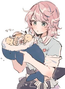 2girls alternate_size baby_animal bird blue_shirt blush breasts brown_horns chick commentary_request flying_sweatdrops green_eyes hat holding holding_unworn_clothes holding_unworn_hat horns ibuki_suika mini_person minigirl mozukuzu_(manukedori) multiple_girls okunoda_miyoi oni open_mouth orange_hair pink_hair shirt short_sleeves sweatdrop touhou unworn_hat unworn_headwear whale_hat