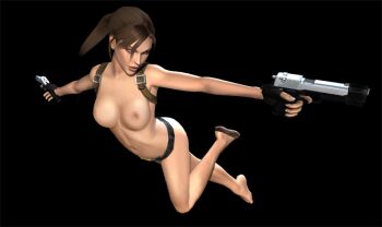 3d barefoot breasts brown_hair feet gun holding holding_gun holding_weapon lara_croft nipples non-web_source shorts tomb_raider topless_female weapon
