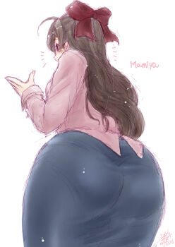 1girl ahoge ass ass_focus blue_skirt brown_hair character_name from_behind hair_ribbon kantai_collection koshigaya_tatsumi mamiya_(kancolle) one-hour_drawing_challenge pink_shirt red_eyes red_ribbon ribbon shirt simple_background skirt solo white_background