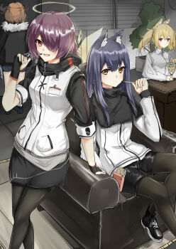 4girls :d absurdres animal_ear_fluff animal_ears arknights black_capelet black_gloves black_hair black_jacket black_pantyhose black_shoes black_shorts black_skirt blonde_hair breasts brown_eyes brown_hair capelet commentary_request couch cow_girl cow_horns croissant_(arknights) cup energy_wings exusiai_(arknights) fingerless_gloves food fur_trim gloves goldbaka grey_shirt hair_between_eyes hair_over_one_eye halo hand_up highres holding holding_food horns ice_cream indoors jacket long_hair long_sleeves looking_at_viewer miniskirt multiple_girls open_mouth pantyhose parfait penguin_logistics_(arknights) plant pocky purple_hair raglan_sleeves red_eyes red_hair shirt shoes short_hair short_shorts short_sleeves shorts sitting skirt smile sneakers sora_(arknights) standing texas_(arknights) twintails white_jacket white_shirt wolf_ears wolf_girl