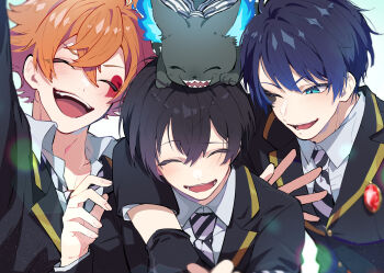 3boys absurdres ace_trappola black_hair black_jacket blue_eyes blue_hair blush cat closed_eyes collared_shirt commentary_request deuce_spade facial_mark grim_(twisted_wonderland) heart heart_facial_mark highres jacket male_focus multiple_boys necktie nekoma_hikaru one_eye_closed open_mouth orange_hair sharp_teeth shirt spade_(shape) spade_facial_mark striped_necktie teeth twisted_wonderland white_background white_shirt yuu_(twisted_wonderland)