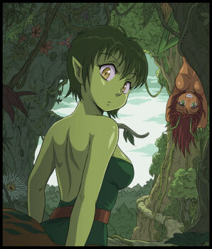 2girls bird breasts brown_hair ciel_(felarya) cleavage cloud colored_skin day elf felarya giant giantess green_eyes green_hair green_skin karbo liora_(felarya) long_hair looking_back medium_breasts monkey multiple_girls nipples pointy_ears sharp_teeth short_hair sideboob sky strapless teeth topless_female upside-down yellow_eyes