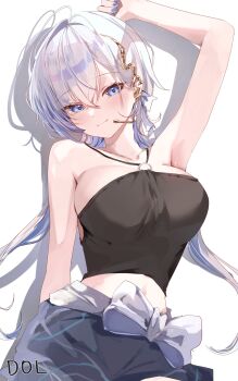 1girl ahoge arm_up bare_arms bare_shoulders black_shirt black_shorts blue_eyes blue_nails bow breasts closed_mouth commentary cowboy_shot crop_top dolechan earpiece english_commentary grey_bow hebi_(vtuber) highres indie_virtual_youtuber large_breasts long_hair looking_at_viewer midriff multicolored_hair nail_polish shadow shirt shorts simple_background sleeveless sleeveless_shirt smile solo streaked_hair virtual_youtuber white_background white_hair
