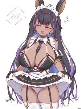 1006kbps 1girl absurdres animal_ears azur_lane black_garter_straps black_gloves black_hair breasts cleavage cleopatra_(azur_lane) clothes_lift commentary_request cowboy_shot dark-skinned_female dark_skin dress dress_lift earrings flying_sweatdrops garter_straps gloves highres huge_breasts jackal_ears jackal_girl jewelry lifting_own_clothes looking_at_viewer maid maid_headdress open_mouth panties purple_hair simple_background smile spoken_blush sweatdrop tan tanline thighhighs underwear white_background white_panties white_thighhighs