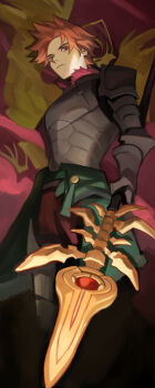 1boy armor breastplate brown_eyes closed_mouth commentary_request enononono6 fire_emblem fire_emblem:_three_houses flag frown fur-trimmed_collar fur_trim gauntlets holding holding_polearm holding_weapon lance_of_ruin looking_to_the_side male_focus nintendo orange_hair parted_hair pauldrons polearm red_fur shoulder_armor solo standing sylvain_jose_gautier sylvain_jose_gautier_(timeskip) weapon