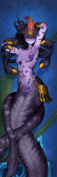 1girl absurdres blue_skin bra breasts claws cloaca colored_sclera colored_skin dakimakura_(medium) ekrea_jan final_fantasy final_fantasy_xiv gold highres incredibly_absurdres lamia lying melusine_(ff14) monster_girl nipples nude on_back pussy red_eyes red_sclera snake snake_hair snake_hood underwear xenoluxe