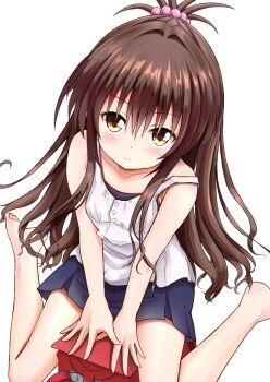 1girl backpack bag bare_arms bare_shoulders barefoot beads blue_skirt blush brown_hair child closed_mouth collarbone commentary_request from_above frown hair_beads hair_between_eyes hair_intakes hair_ornament jpeg_artifacts knees_out_of_frame long_hair looking_at_viewer miniskirt paid_reward_available pleated_skirt randoseru retumihari shirt sidelocks simple_background sitting skirt sleeveless sleeveless_shirt solo strap_slip to_love-ru upturned_eyes v_arms very_long_hair wariza white_background white_shirt yellow_eyes yuuki_mikan