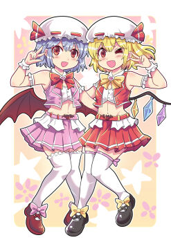 Rule 34 | > o, 2girls, alternate costume, bat wings, black shoes, blonde hair, blue hair, blush, bow, bowtie, colonel aki, commentary request, crystal, crystal wings, fang, flandre scarlet, footwear bow, full body, hat, hat ribbon, highres, looking at viewer, midriff, mob cap, multicolored wings, multiple girls, navel, one eye closed, open clothes, open mouth, open vest, pink bow, pink skirt, pink vest, pleated skirt, red bow, red bowtie, red eyes, red ribbon, red shoes, red skirt, red vest, remilia scarlet, ribbon, shoes, siblings, sisters, skirt, smile, star (symbol), thighhighs, touhou, vest, w, white hat, white thighhighs, wings, wrist cuffs, yellow bow, yellow bowtie