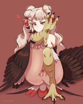 Rule 34 | 1girl, absurdres, anger vein, animal feet, anus, bird legs, black feathers, black wings, braid, braided sidelock, breasts, clitoral hood, commentary, double bun, feathered wings, feathers, hair bun, hair ribbon, harpy, highres, long hair, looking at viewer, medium breasts, monster girl, nipples, nude, original, pussy, red background, red ribbon, ribbon, simple background, single braid, sitting, slit pupils, solo, talons, thighs, uncensored, unreal fish, untranslatable commentary, white hair, winged arms, wings, yellow eyes