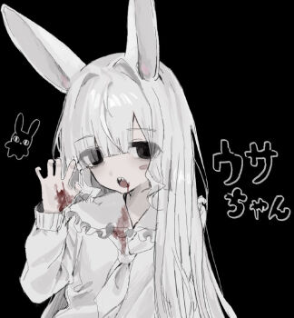 1girl animal_ears black_background black_eyes blood blood_from_mouth blood_on_clothes blood_on_hands frilled_shirt_collar frills hayu_(hayu0305) long_hair long_sleeves looking_at_viewer neckerchief open_mouth original rabbit_ears rabbit_girl sharp_teeth shirt solo teeth upper_body white_hair white_neckerchief white_shirt