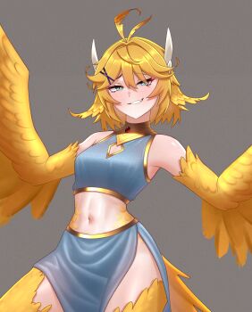 1girl antenna_hair bare_shoulders bird_legs bird_tail blonde_hair breasts cipher4109 cleavage_cutout clothing_cutout commentary dokibird fang feather_hair feather_hair_ornament feathered_wings feathers green_eyes grey_background hair_between_eyes hair_ornament hairclip harpy highres indie_virtual_youtuber monster_girl navel pelvic_curtain side_slit sidelocks skin_fang slit_pupils small_breasts smug solo stomach tail thick_thighs thighs virtual_youtuber winged_arms wings