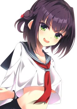1girl :d absurdres alternate_costume arms_behind_back black_hair black_sailor_collar black_skirt blurry blurry_background blush bow breasts collarbone commentary cowboy_shot cropped_shirt crossed_bangs eyelashes eyes_visible_through_hair green_eyes hair_between_eyes hair_bow hair_bun hair_intakes highres holding_own_arm limelight_lemonade_jam long_sleeves looking_at_viewer medium_breasts medium_hair nabari_anju naughty_face neckerchief no_bra one_side_up open_mouth outline red_bow red_neckerchief sailor_collar school_uniform serafuku shirt simple_background single_side_bun skirt smile solo sukonbu385 teeth underboob upper_teeth_only v-shaped_eyebrows watermark white_background white_outline white_shirt