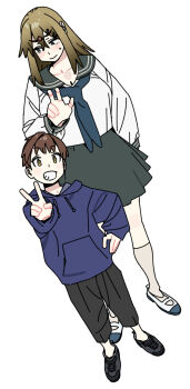 1boy 1girl blonde_hair breasts brown_hair gradient_hair highres houjou_youka imamura_ryou large_breasts multicolored_hair seitokai_ni_mo_ana_wa_aru! v