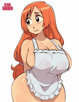 Rule 34 | 1girl, apron, arms behind back, artist name, bare shoulders, bleach, bleach: epilogue, breasts, brown eyes, closed mouth, collarbone, commission, curvy, female focus, highres, inoue orihime, large breasts, legs together, long hair, looking to the side, mature female, naked apron, orange hair, shiny skin, sideboob, simple background, solo, solo focus, standing, wabewayz, white background, wide hips