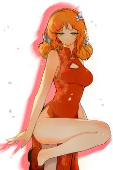 Rule 34 | 1girl, absurdres, ayamiya, bow, brown hairband, china dress, chinese clothes, cleavage cutout, closed mouth, clothing cutout, double bun, dress, freckles, green eyes, hair bow, hair bun, hairband, highres, ishmael (project moon), knee up, limbus company, no panties, orange hair, project moon, red dress, rope, side slit, simple background, smile, standing, standing on one leg, white background, white bow