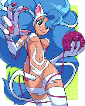 1girl animal_ears animal_hands billdadinosaur blue_hair breasts cat_ears cat_tail claws dark-skinned_female dark_skin darkstalkers felicia_(darkstalkers) green_eyes highres long_hair looking_at_viewer medium_breasts tail teeth very_long_hair white_fur yarn yarn_ball