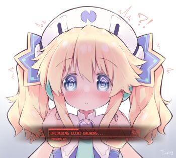 !? 1girl 1other @_@ artist_name blonde_hair blue_eyes blue_necktie blush closed_mouth commentary_request corruption detached_sleeves hair_between_eyes hair_ornament hands_on_another&#039;s_shoulders hat headphones highres histoire looking_at_viewer medium_hair motion_lines necktie neptune_(series) pov pov_hands purple_shirt purple_sleeves raised_eyebrows shirt sidelocks sign sleeveless sleeveless_shirt tinzing_saamzong trembling twintails typo warning_sign white_hat