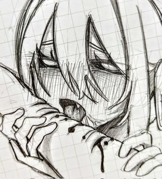 1girl blood blood_drip blood_on_arm blush eyelashes full_body furrowed_brow hair_between_eyes highres holding_another&#039;s_arm negau open_mouth original saliva self-harm sidelocks sketch solo
